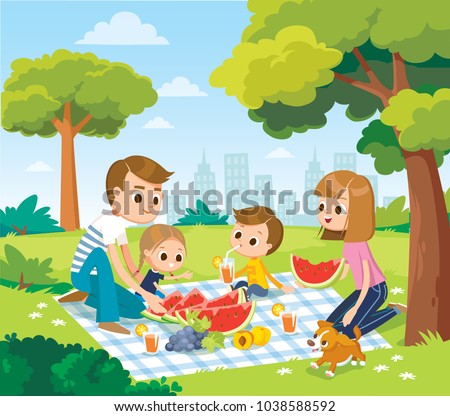Vector portrait of happy family of 4 four members relaxing on picnic on blanket parents mom dad and 2 two children kids son daughter spending time having meal food weekend 