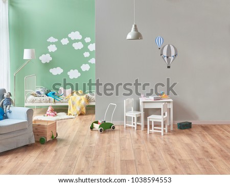 Modern baby room white bed and toy. White small table and chair to play. Grey and Green wall concept.
