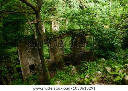 Ruins of old stone farm building in mountains jungles and rainforest with waterfalls in warm fog weather with rain. Picture taken in Amalfi coast, Italy