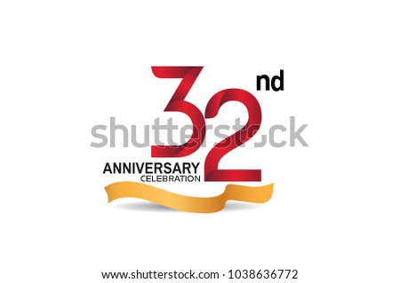 32nd anniversary design logotype red color and golden ribbon for celebration isolated on white background
