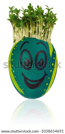 Hand painted easter egg in a funny happy smiling face of a guy with a cress like hair and multicolored designs. The watercress stylized for the hairstyle of the character. Egg in blue, yellow.