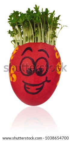 Easter egg painted in a funny smiley  guy face and colored in patterns with cress like hair. The watercress stylized for the hairstyle of the character. Egg in red and yellow.