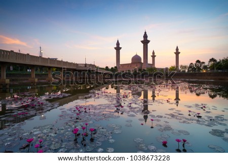 The tengku ampuan jemaah mosque or bukit jelutong mosque during beautiful sunrise, Kuala Lumpur Malaysia