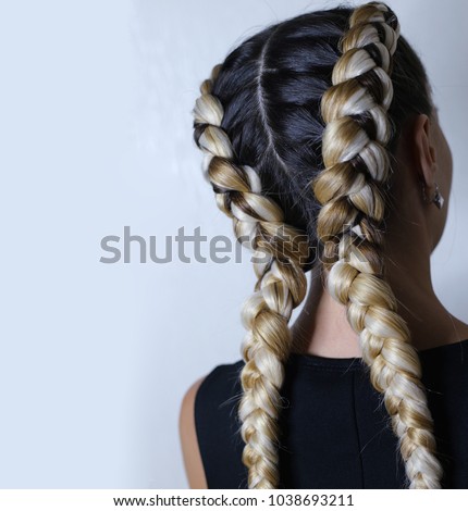 two thick braids of artificial hair, a youth hairdo, colored hair, white braids on a white background, a place for an inscription Royalty-Free Stock Photo #1038693211