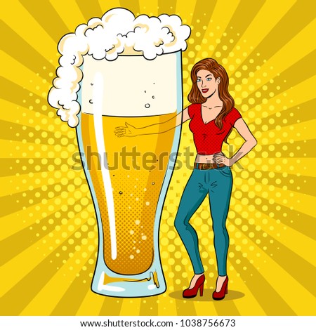 Beautiful young woman with beer glass pop art retro vector illustration. Comic book style imitation.