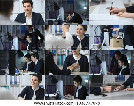 Business people in the office, work situations, employment and lifestyle, photo collage