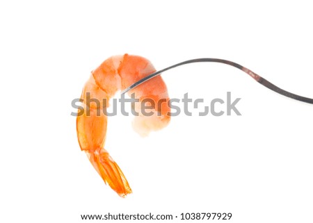 Isolated of cooked shrimp on fork on white background