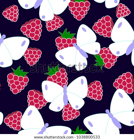 Simple butterfly and raspberry seamless pattern on dark background. Element for your dsigns, decorations, wallpaper, print, backdrop, wrapping paper, textile print.