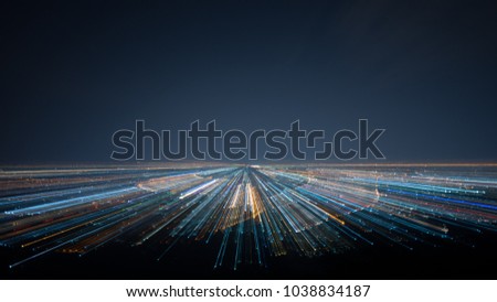 night shot from view point. Concept for warp effect futuristic space tunnel and digital town Royalty-Free Stock Photo #1038834187