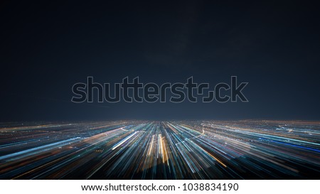 night shot from view point. Concept for warp effect futuristic space tunnel and digital town Royalty-Free Stock Photo #1038834190