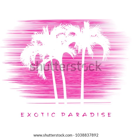 Palm trees. White silhouettes on pink sky background. 
Vector illustration, design element for summer, travel and vacation concept.