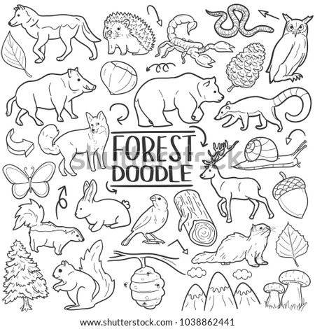 Forest and Mountain Animals Traditional Doodle Icons Sketch Hand Made Design Vector
