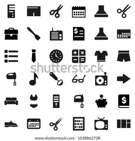 Flat vector icon set - spatula vector, ladle, mixer, glasses, scissors, abacus, music, piggy bank, case, annual report, tie, calendar, snickers, shorts, swimsuite, t shirt, clock, radio, menu, arrow