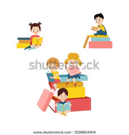 Vector cartoon small blonde girl, female school character, boy kid sitting at big book pile heap reading textbook smiling. Preschool child student, education literature concept. Isolated illustration