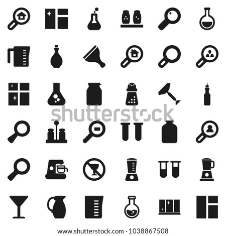 Flat vector icon set - scraper vector, window cleaning, shining, oil, measuring cup, hand mill, spices, jug, jar, magnifier, flask, no alcohol sign, glass, cargo search, vial, estate, client