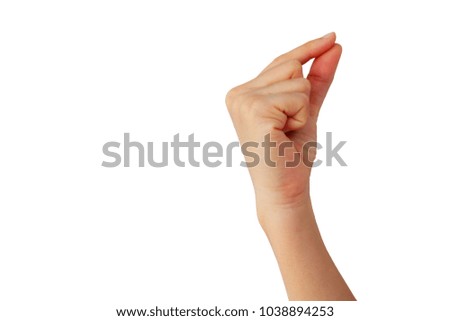 hand of Asian woman catch small thing isolated on white background
