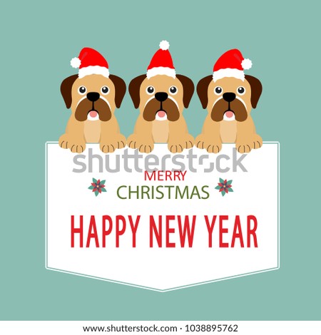 Happy new year card.  Dog in Santa Claus hat sitting and smile. Vector illustration.
