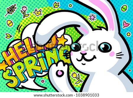 Easter funny Bunny in pop art style. Hello spring speech bubble.
