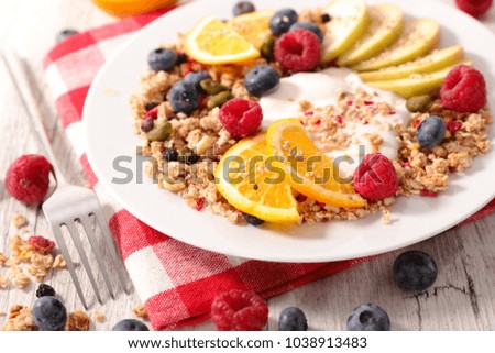 muesli, fruit and yogurt