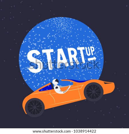 Stylized character. Concept business and live illustration. Popular man with a small head and a big body.A man in a space suit flies by car in space. The startup.