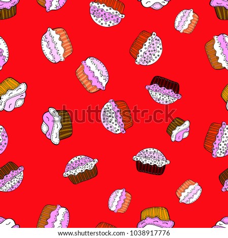 Seamless of hand drawn vintage cute cupcakes and muffins. Cupcake pattern. Nice birthday pattern on red, white and black. Vector illustration.
