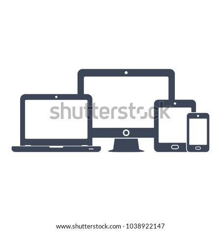 Device icons: smart phone, tablet, laptop and desktop computer. Vector illustration of responsive web design. Royalty-Free Stock Photo #1038922147