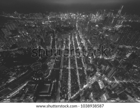 Aerial view of Hong Kong City black and white