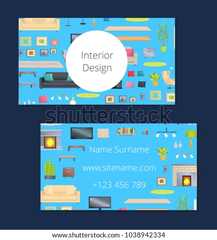 Interior design, calling card of blue color with headline and information, sofa and fireplace, tv set and carpets with pictures, vector illustration