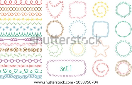 Hand drawn colored decorative brushes set. Dividers or borders, ornaments collection. Vector illustration.