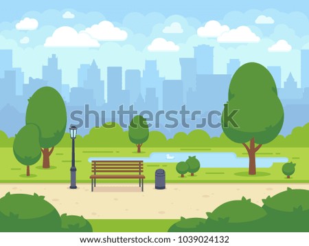 City summer park with green trees bench, walkway and lantern. Town and city park landscape nature. Cartoon vector illustration Royalty-Free Stock Photo #1039024132