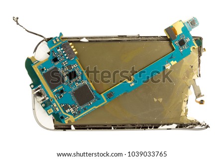 Dismantling a smartphone with an electrical panel inside, isolated on a white background