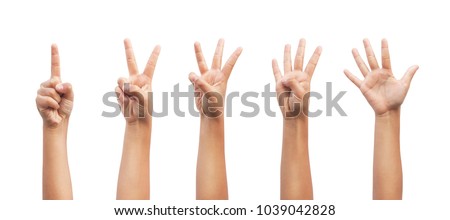Little kid showing one to five fingers count signs isolated on white background with Clipping path included. Communication gestures concept Royalty-Free Stock Photo #1039042828