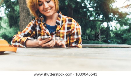 Hipster girl using phone technology internet, blogger person holding mobile smartphone on background sun city, hands texting online message on relax holiday, templates gadget, lifestyle travel concept