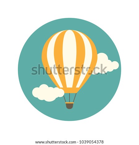 Orange hot air balloon flying in the turquoise sky with clouds. Flat cartoon design. Vector background. 