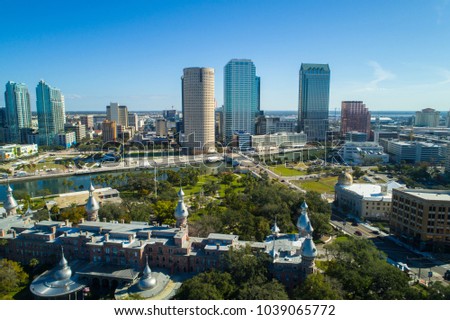 Aerial drone photo of Downtown Tampa far away new and historical architecture