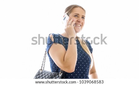 Isolated portrait of cheerful woman talking by phone