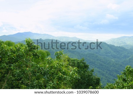 Beautiful forest and mountain in Thailand with white fluffy clouds in the blue sky day in background with copy space. For landscape.