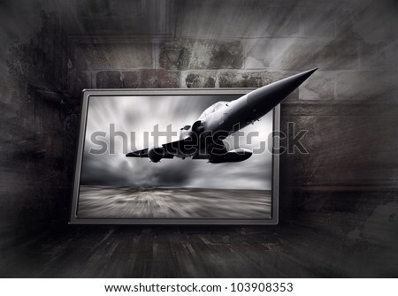 Military airplane on the speed, grunge background