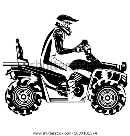 Vector illustration of man sitting on quad bike isolated on white background. All-terrain vehicle and quad bike rider black template flat style design.