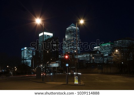 An image of Canary wharf at night