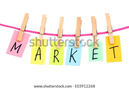 Colorful word hang on rope by wooden peg isolated on white