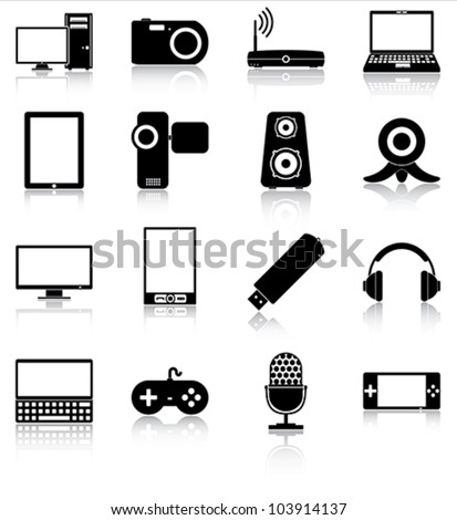 Electronics icons - 16 icons of electronic devices with reflections.