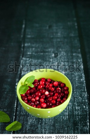 Juicy ingredients: fresh cranberries in a bowl, mint on wooden dark background. Vertical