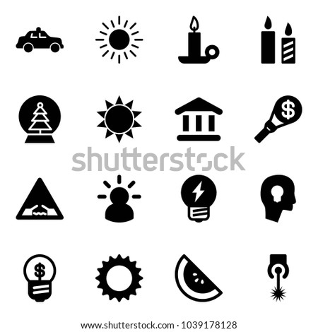 Solid vector icon set - safety car vector, sun, candle, snowball tree, bank, money torch, drawbridge road sign, idea, head bulb, business, watermelone, laser