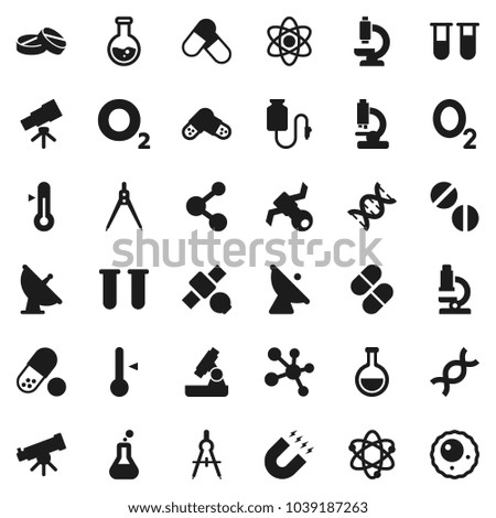 Flat vector icon set - thermometer vector, drawing compass, atom, telescope, microscope, magnet, flask, pills, molecule, oxygen, satellite, antenna, vial, dna, drop counter, ovule