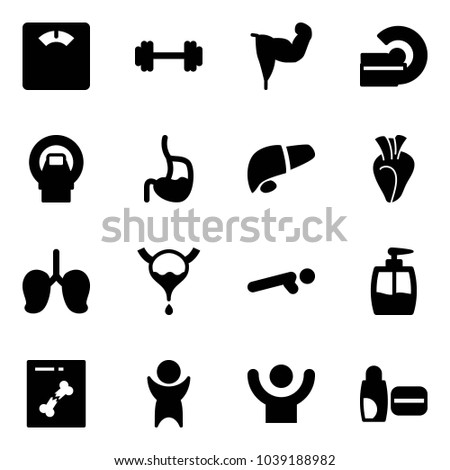 Solid vector icon set - floor scales vector, barbell, power hand, mri, stomach, liver, heart, lungs, bladder, push ups, liquid soap, x ray, success, uv cream