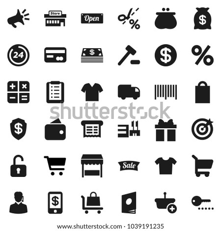 Flat vector icon set - cart vector, gift, credit card, dollar coin, wallet, cash, money bag, sale, open, 24 hour, shopping, percent, market, mall, support, target, barcode, receipt, basket, list