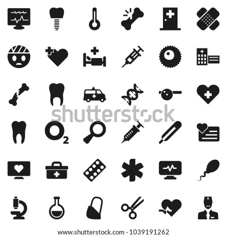 Flat vector icon set - heart monitor vector, oxygen, doctor bag, ambulance star, pulse, cross, thermometer, flask, dna, magnifier, syringe, scissors, broken bone, patch, pills blister, eye hat, head