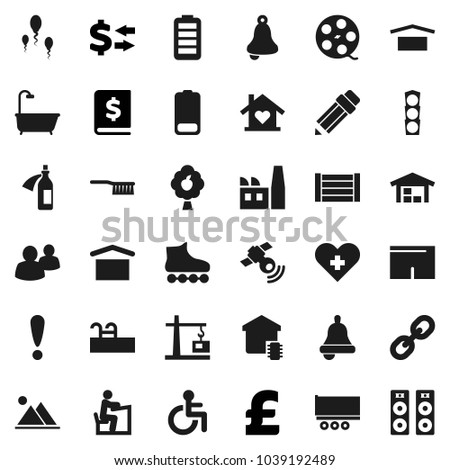 Flat vector icon set - fetlock vector, pencil, student, bell, exchange, annual report, pound, shorts, roller Skates, attention, traffic light, truck trailer, wood box, dry cargo, film spool, link
