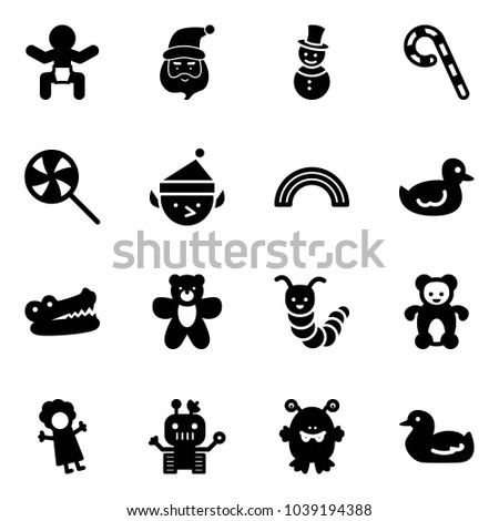 Solid vector icon set - baby vector, santa claus, snowman, lollipop, christmas elf, rainbow, duck toy, crocodile, bear, caterpillar, doll, robot, monster